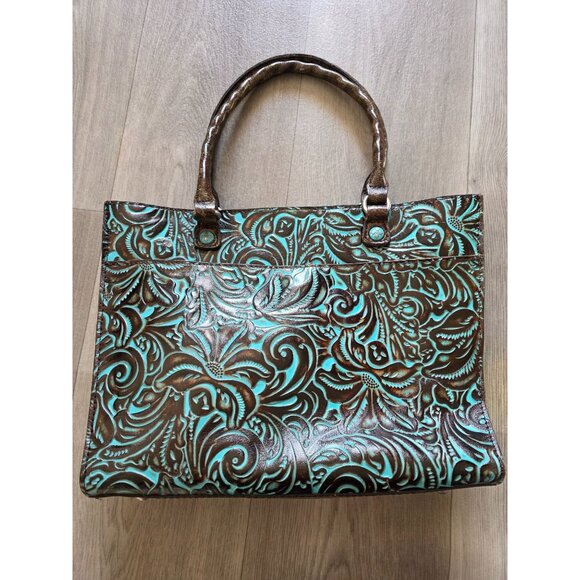 Patricia Nash Navelli Leather Tote Wristlet Set Brown & Turquoise Tooled Leather - Picture 6 of 16